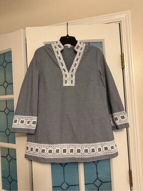 Preston & York Navy and White Striped Tunic Dress with Crochet Trim